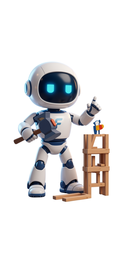 Flux the robot building a structure with a hammer