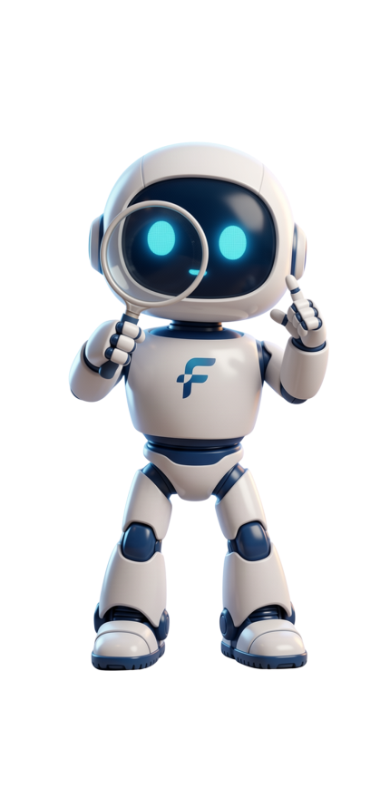 Flux the robot inspecting with a magnifying glass