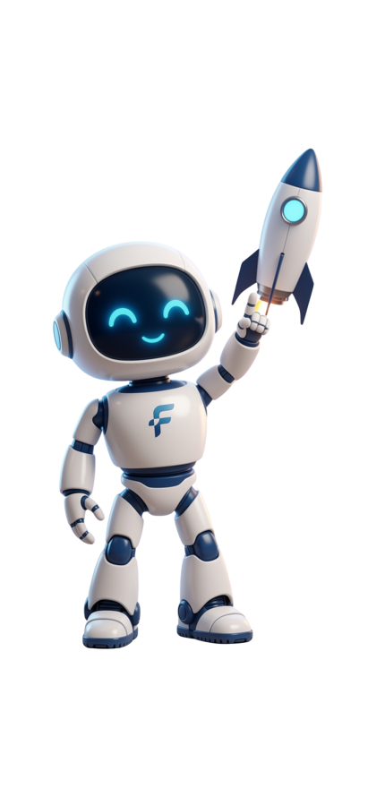 Flux the robot holding up a rocket ready for launch