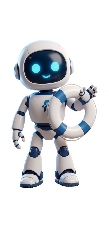 Flux the robot carrying a lifebuoy, ready to help