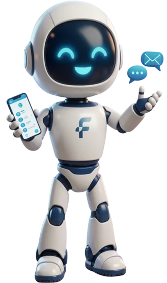 Flux the robot holding a phone with your contact details, ready to take your message