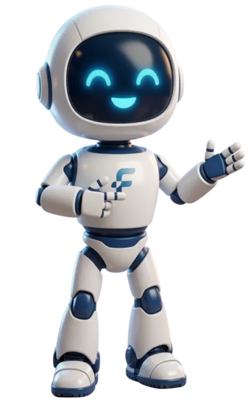 Flux the robot pointing at himself