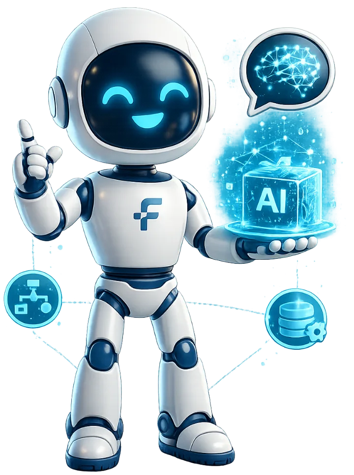 Flux the robot holding a glowing AI cube hologram