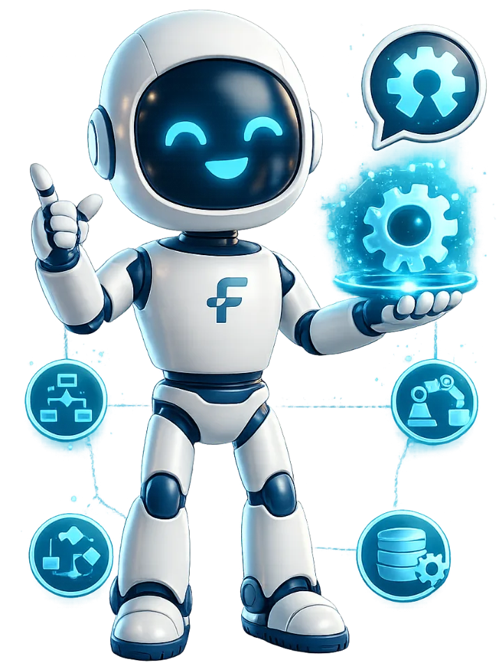Flux the robot holding an automation gear hologram, orbited by process icons