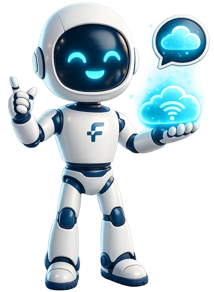 Flux the robot giving a thumbs up while holding a connected-cloud hologram